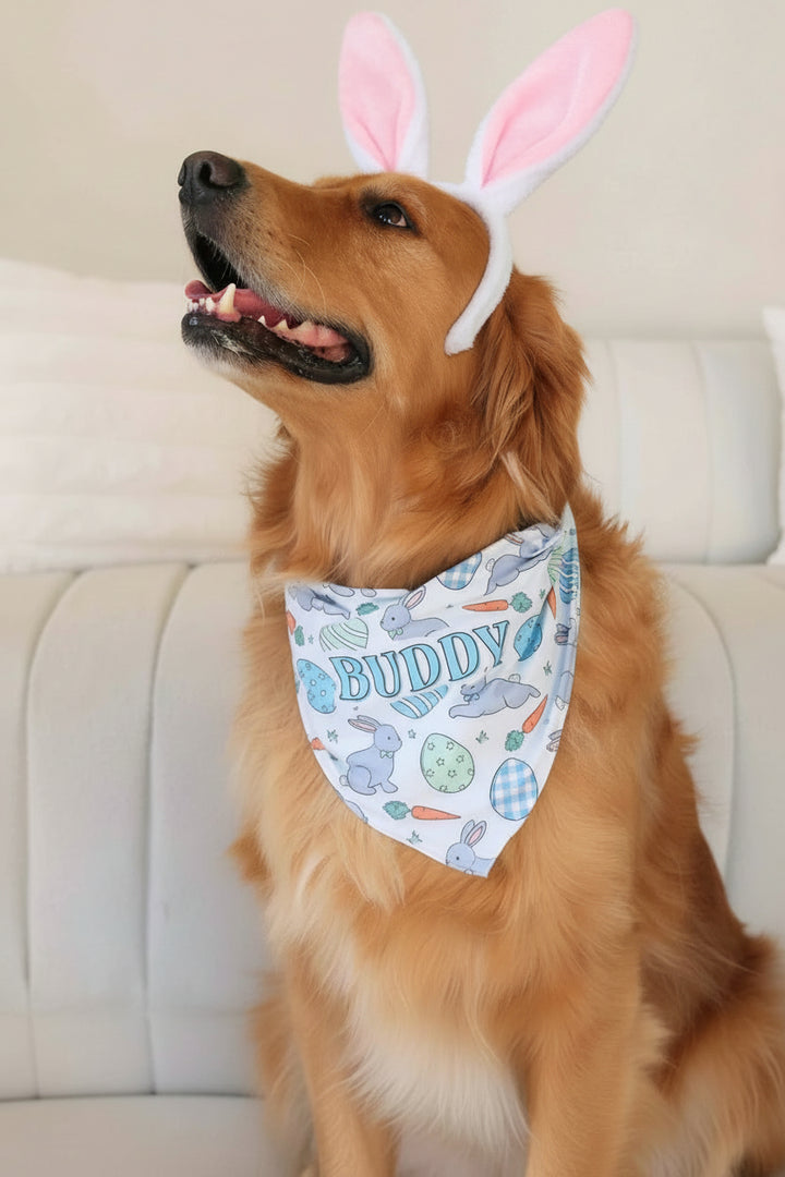golden retriever wearing a personalized blue easter bandana and bunny ears