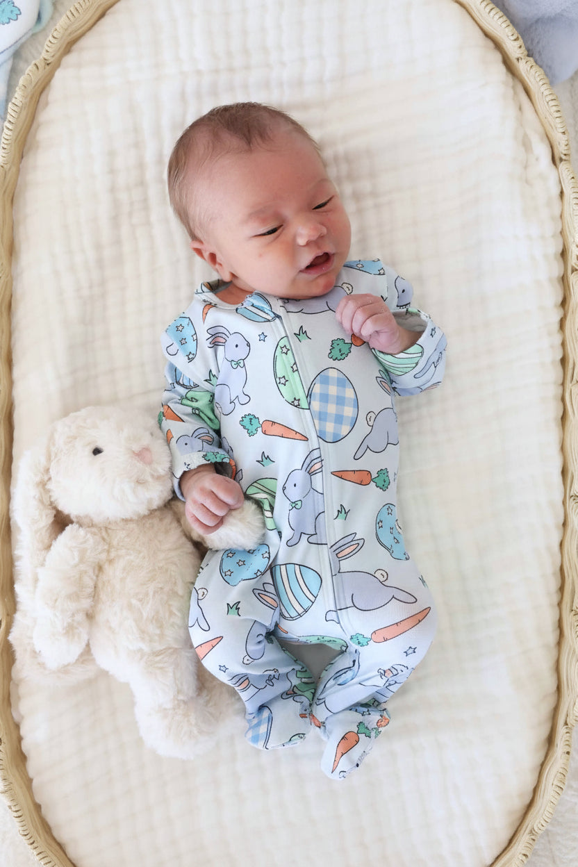 baby boy easter footie pajama with gingham, stripe and star easter eggs for baby boys with carrots and bunnies 