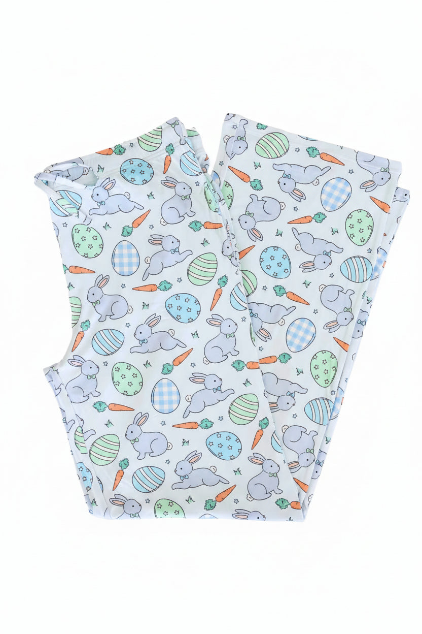 unisex lounge pants for adults in blue with bunnies, easter eggs and carrots 