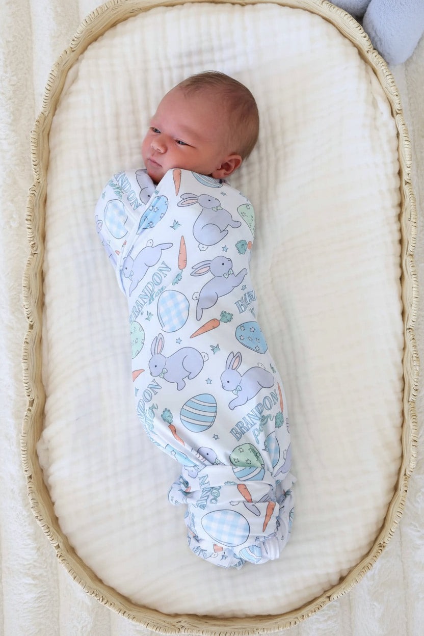 Hoppy Spring Personalized Swaddle Blanket | Blue
