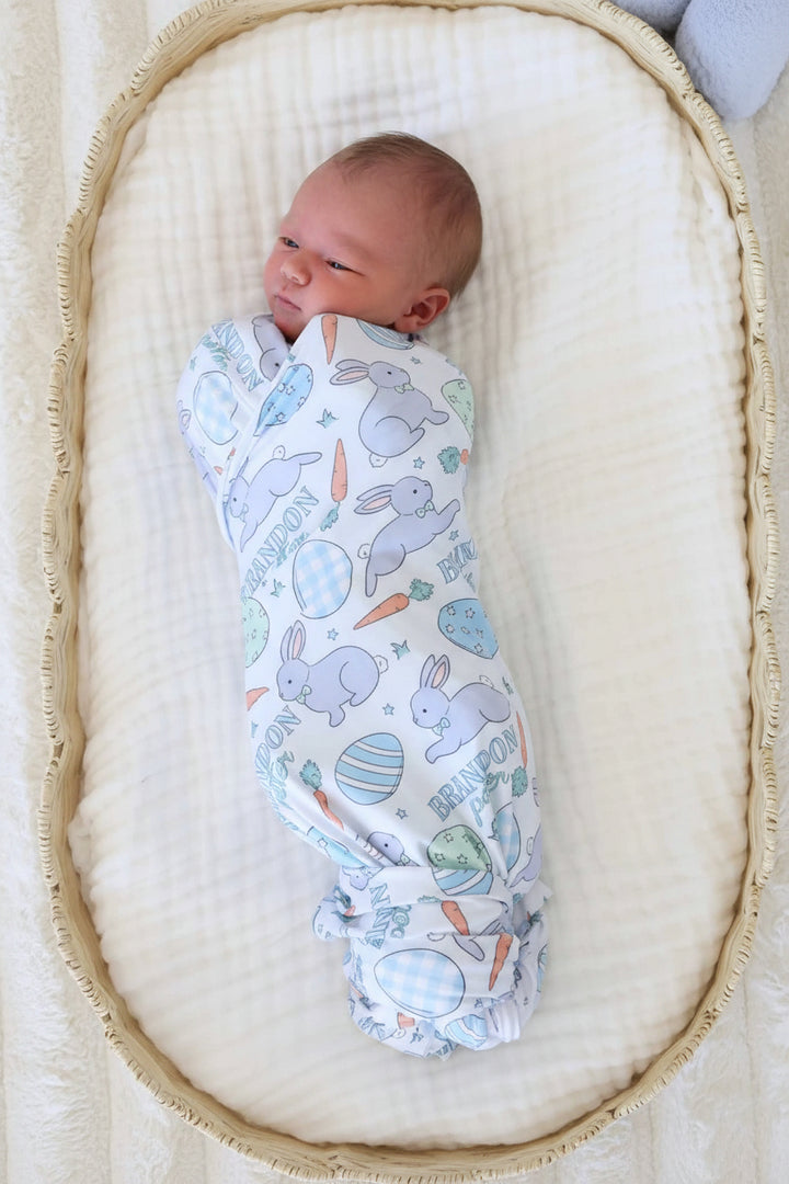 blue bunny, easter egg and carrot personalized swaddle blanket for baby boys