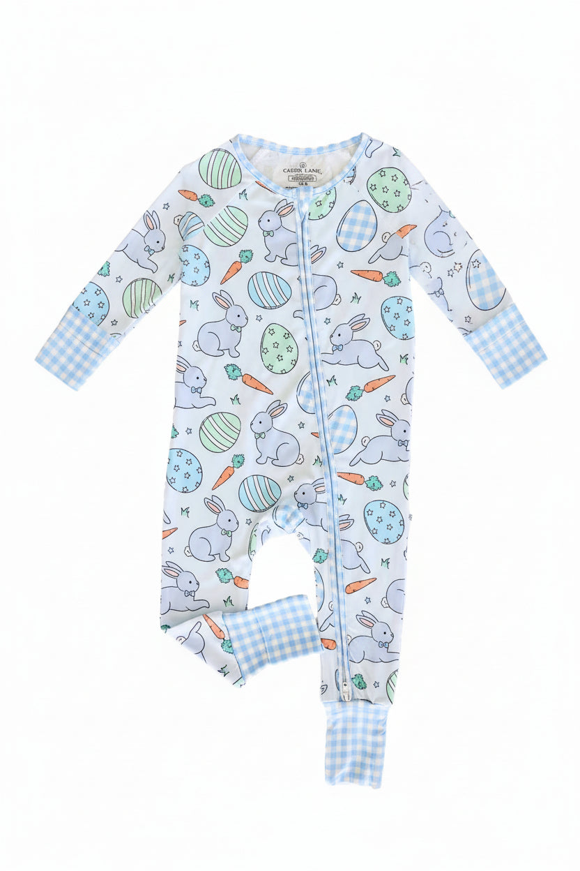 blue easter egg, bunny and carrot convertible zip romper pajama for boys with blue gingham accents 
