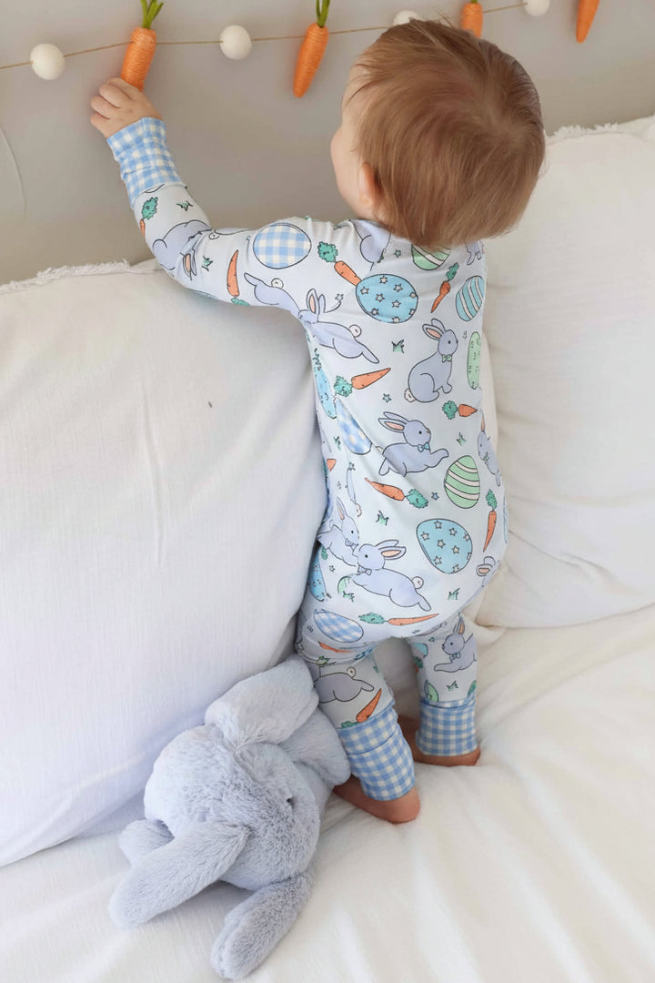 hoppy spring blue bamboo convertible zip romper pajama for baby and toddler boys 