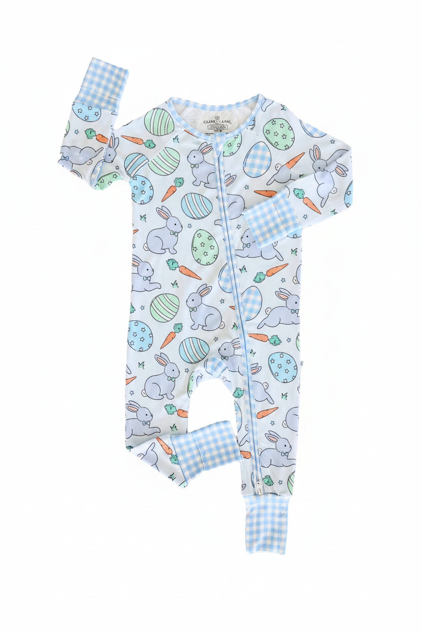 hoppy spring blue boys convertible zip romper pajama with blue and white gingham cuffs and trim 