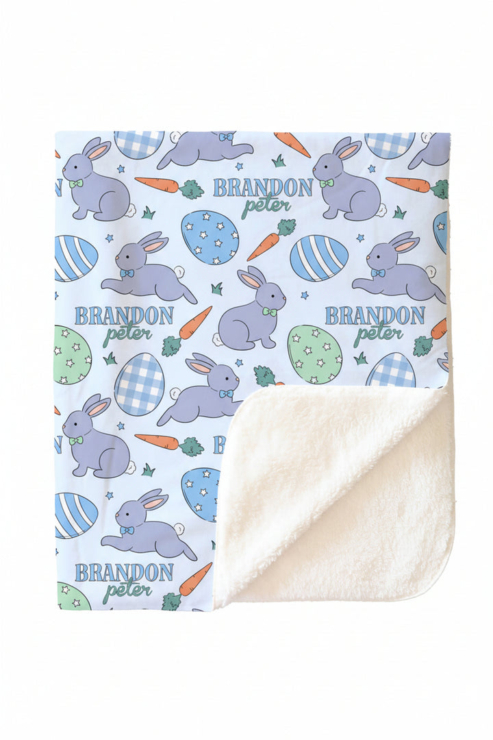 hoppy spring blue personalized sherpa blanket for boys easter