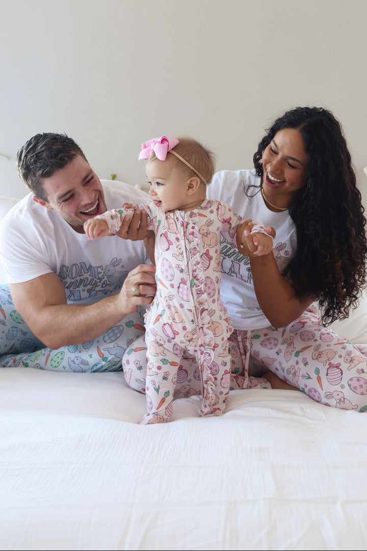 hoppy spring easter family matching pajamas with matching graphic tee for adults 