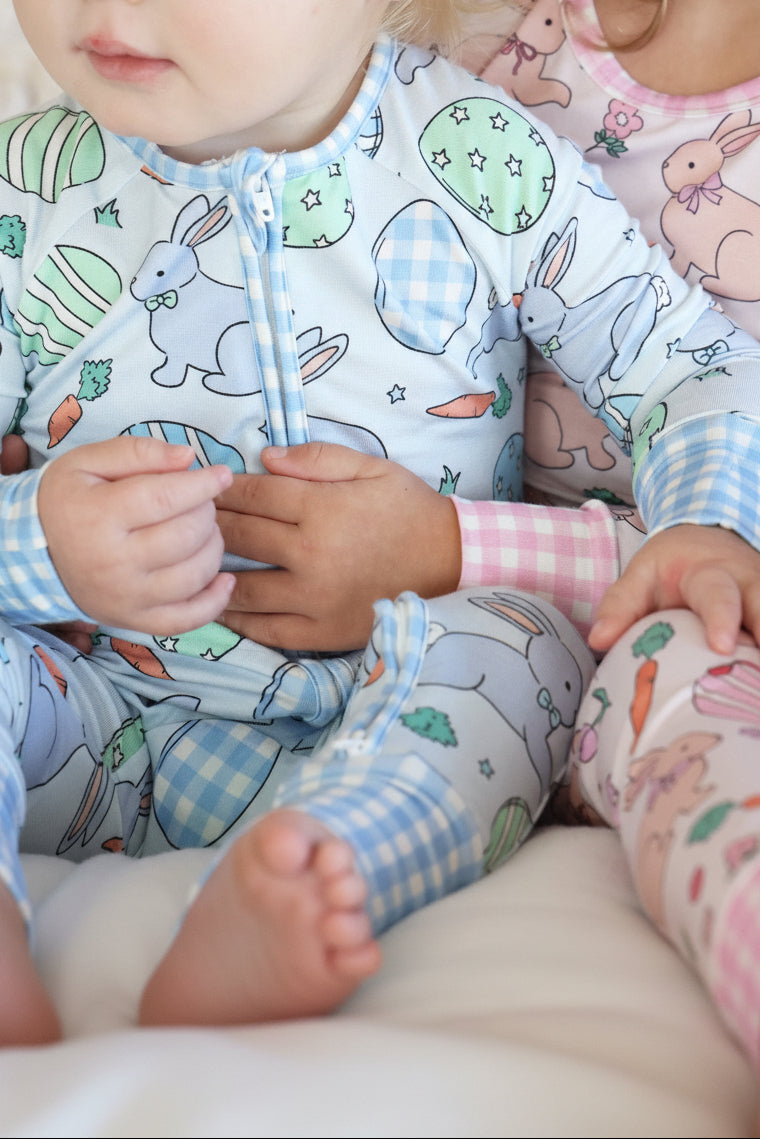 hoppy spring blue and pink sibling matching pajamas for babies, toddlers and kids 