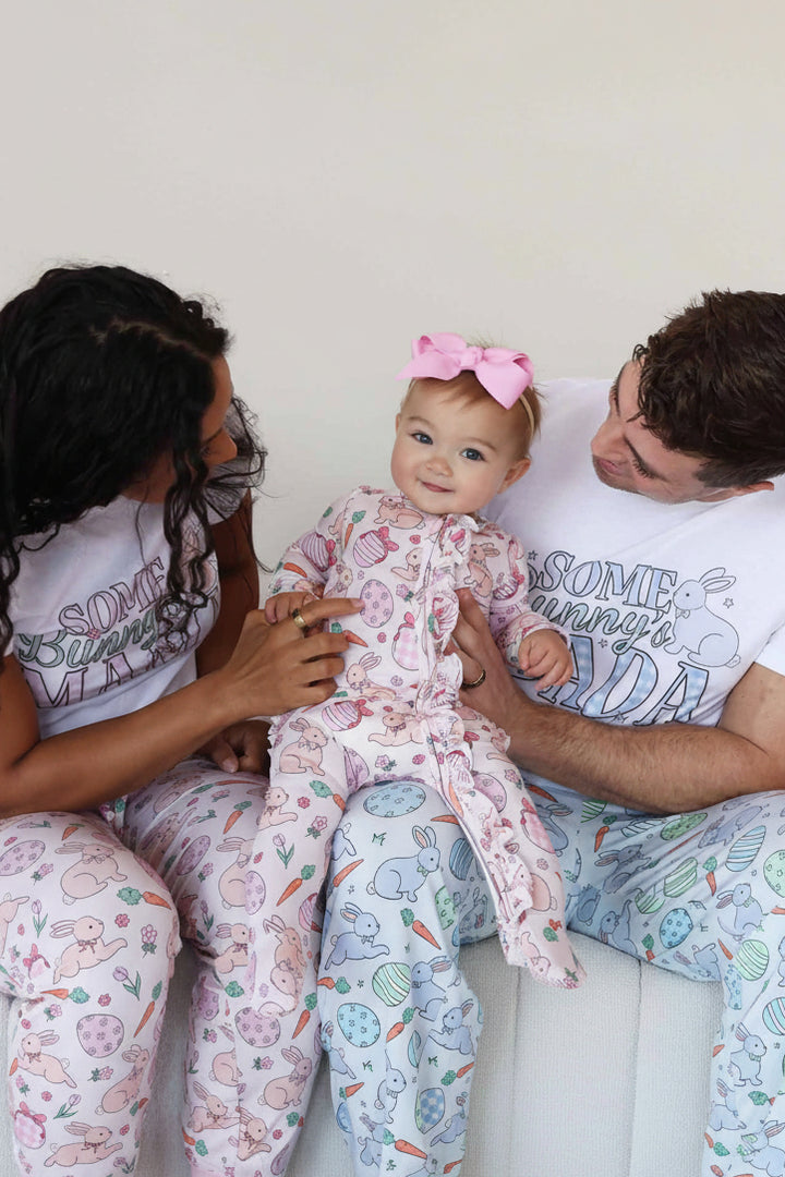easter family matching pajamas with bunnies, eggs and carrots in blue and pink 