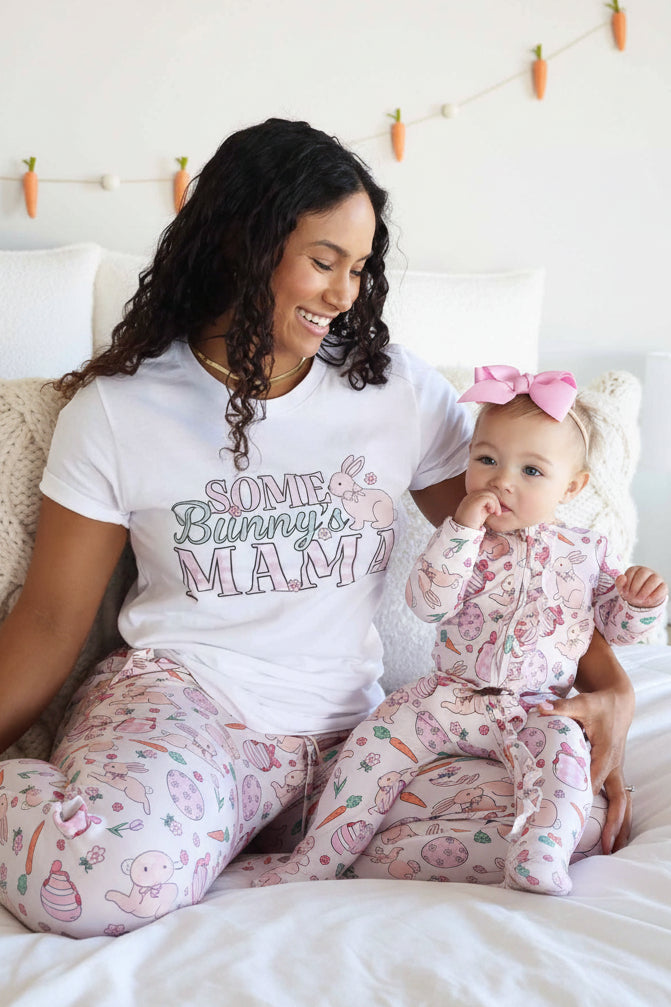 some bunny's mama easter graphic tee with matching pink pajama pants and ruffle zipper footie for baby girls 