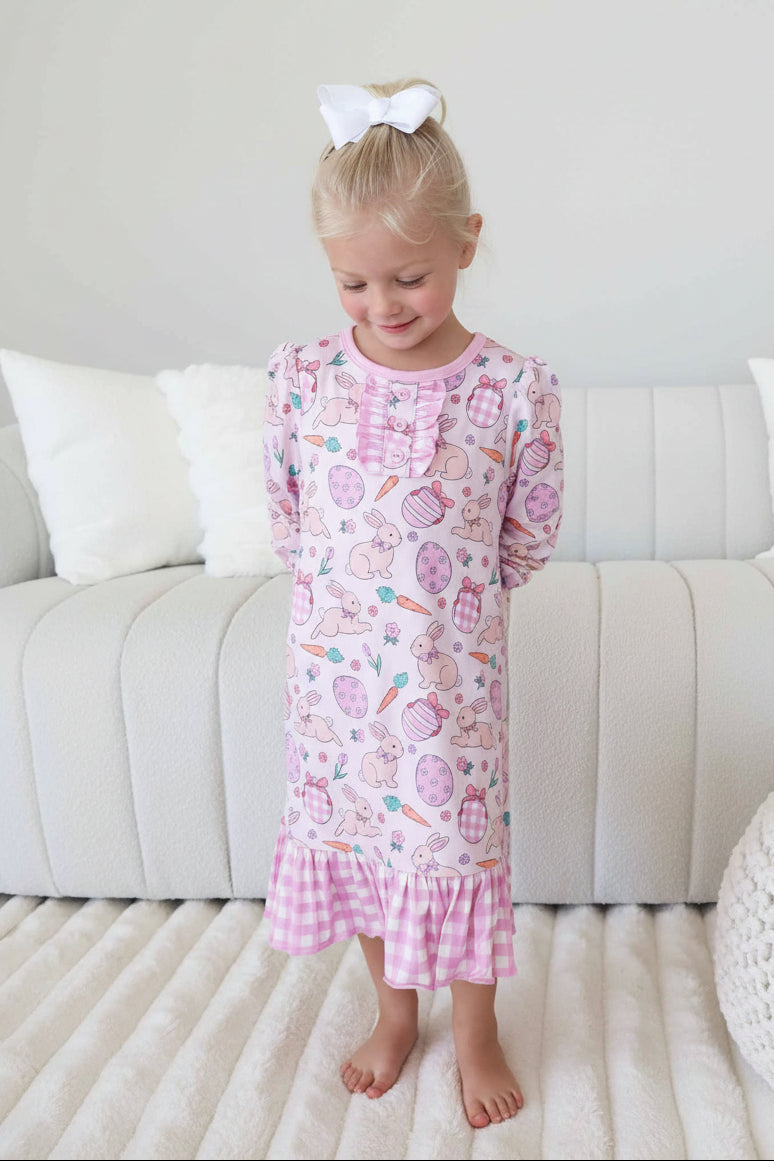 mid length long sleeve girl's nightgown in hoppy spring pink with pink gingham details 