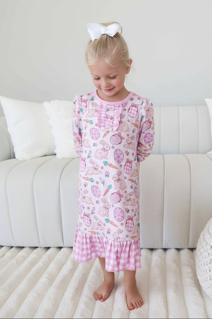 mid length long sleeve girl's nightgown in hoppy spring pink with pink gingham details 