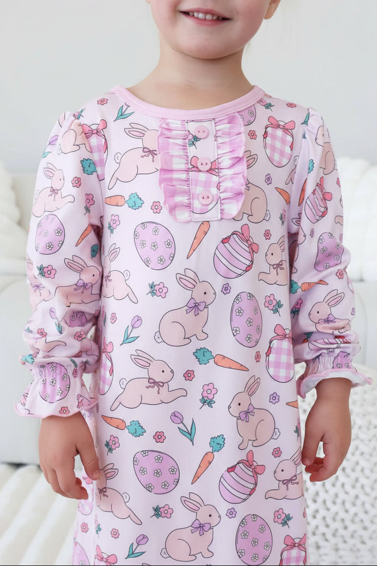 closeup of hoppy spring long sleeve pink easter nightgown for girls 