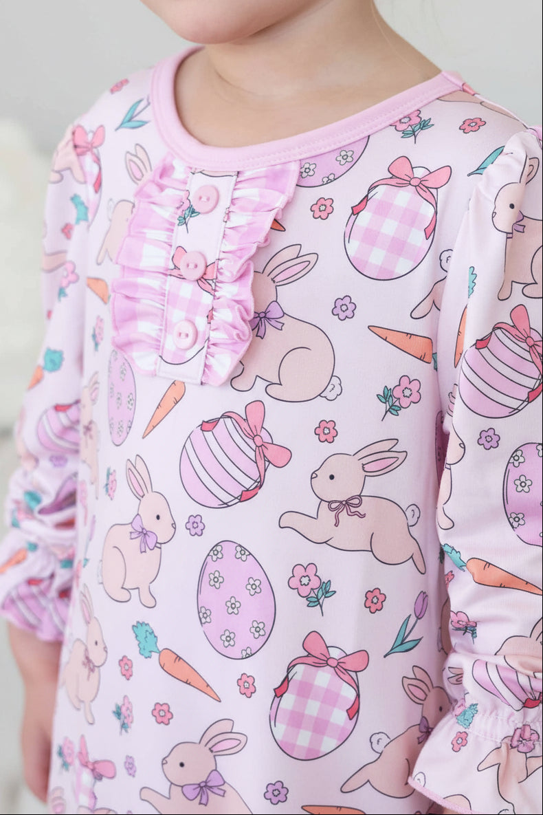 hoppy spring pink bunny, easter egg, carrot and flower girl's nightgown with gingham accents 
