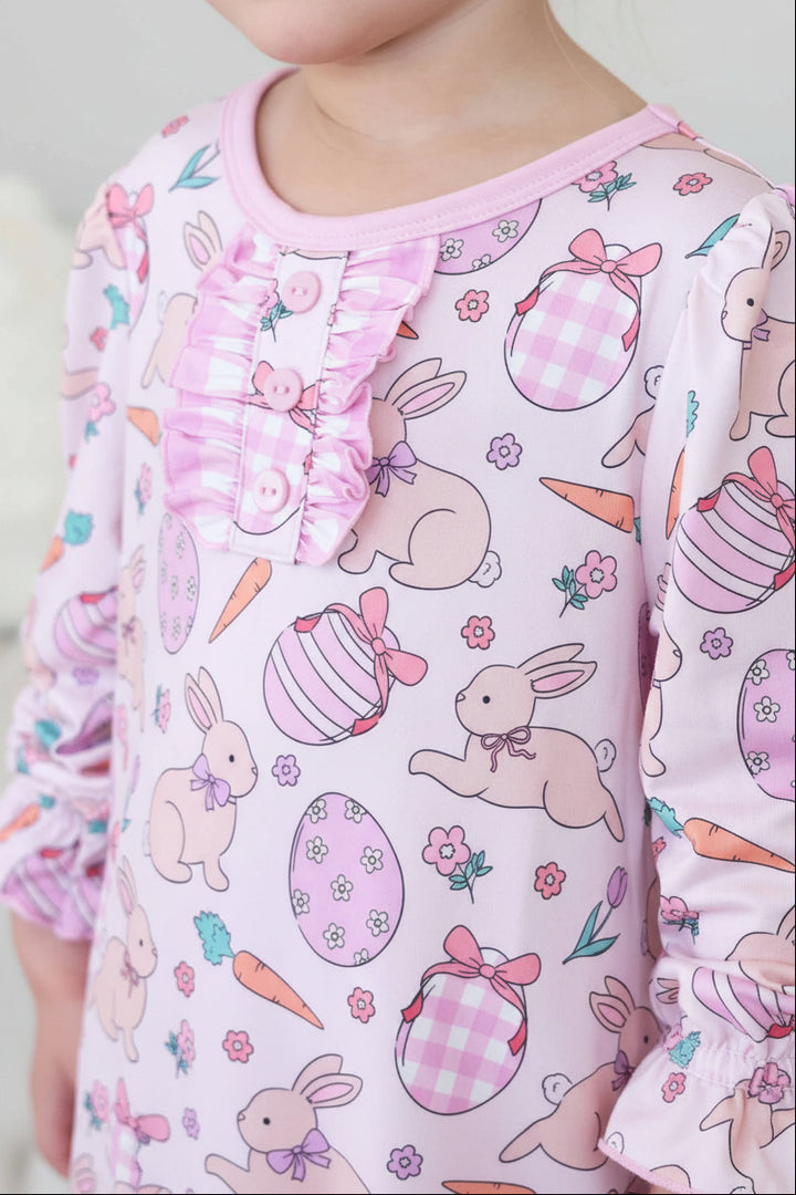 hoppy spring pink bunny, easter egg, carrot and flower girl's nightgown with gingham accents 