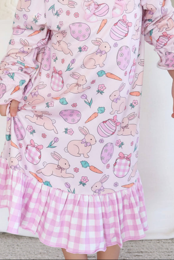 hoppy spring pink girls long sleeve nightgowns with bottom pink gingham ruffle 
