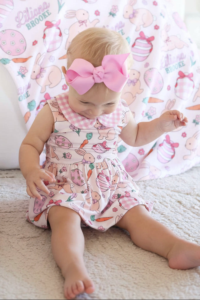 pink gingham peter pan collar sleeveless bodysuit with bunnies, easter eggs and carrots 