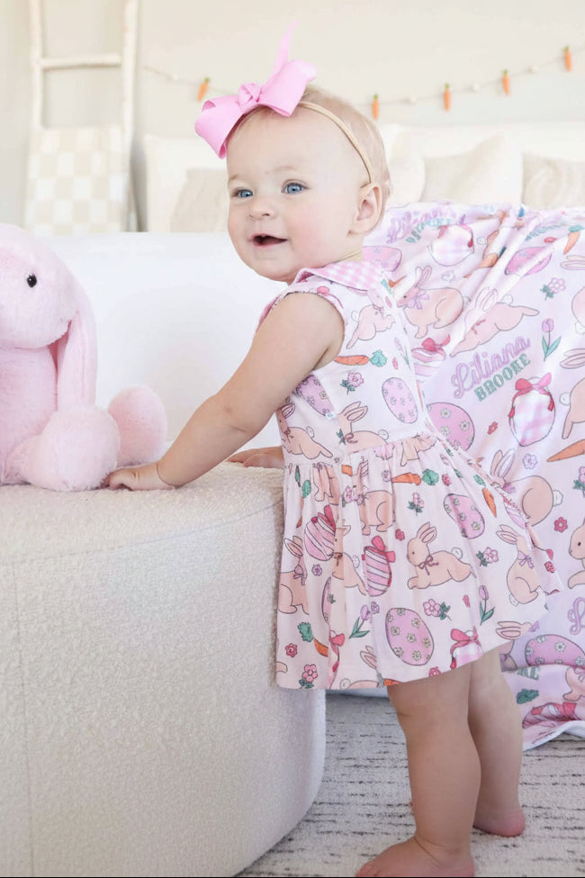 hoppy spring pink peter pan easter romper for baby and toddler girls 