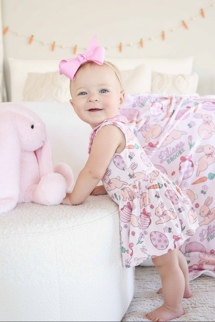 girl's easter bodysuit in pink hoppy spring print 