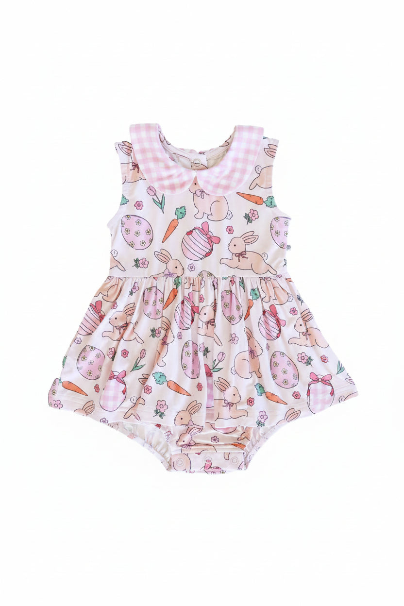 pink bunny, easter egg, and carrot pink gingham peter pan collar bodysuit 