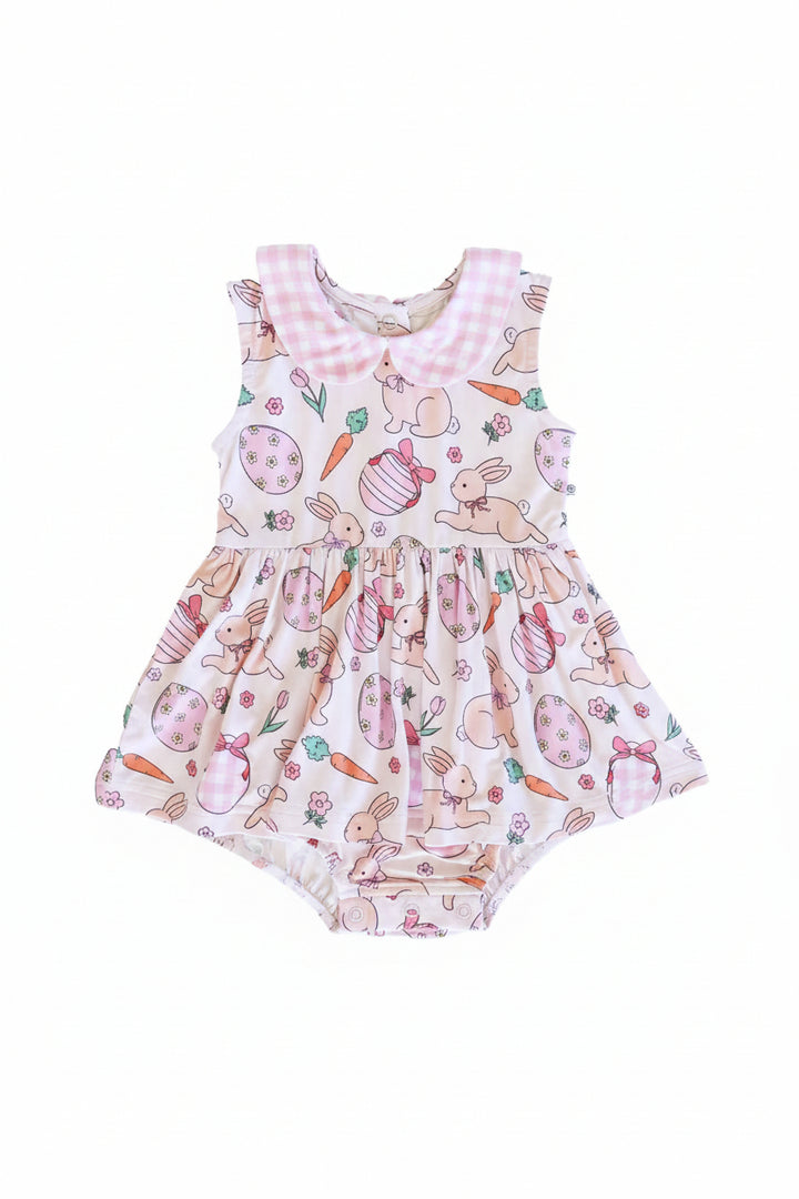 pink bunny, easter egg, and carrot pink gingham peter pan collar bodysuit 