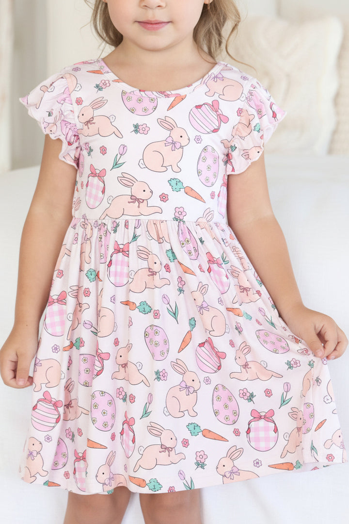 knee length casual dress for girls with easter bunnies, eggs and carrots 