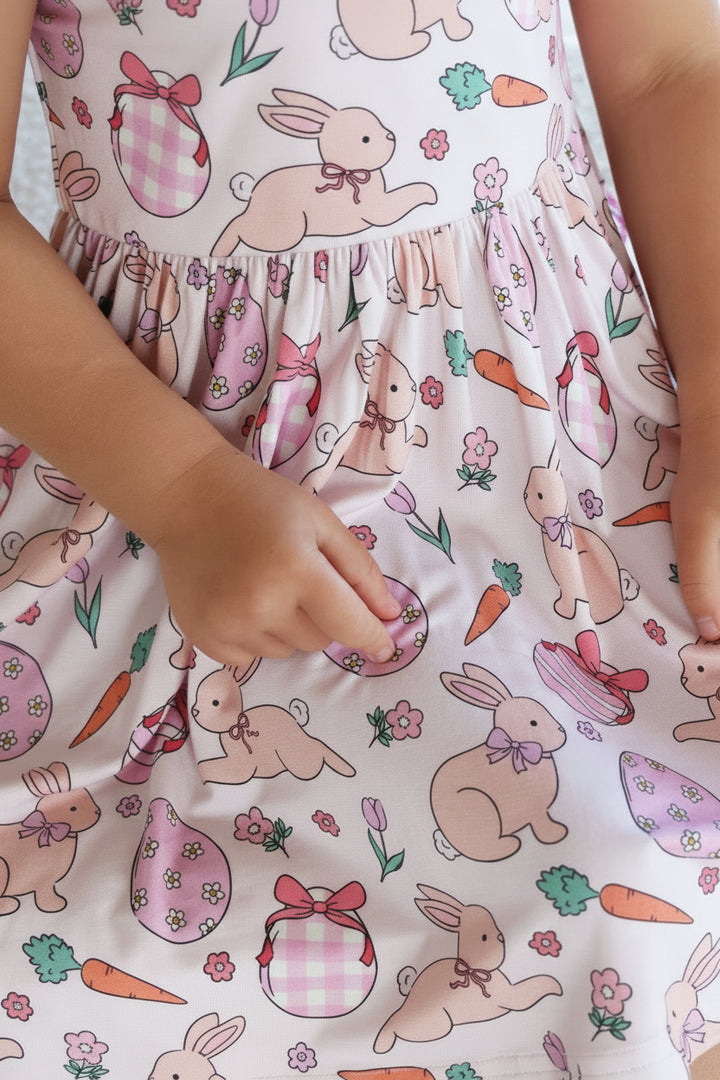 pink hoppy spring print for girl's dress