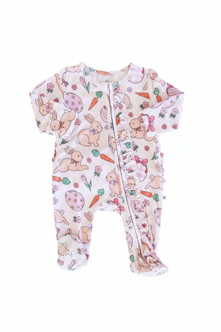 hoppy spring pink ruffle zipper footie for baby girls 