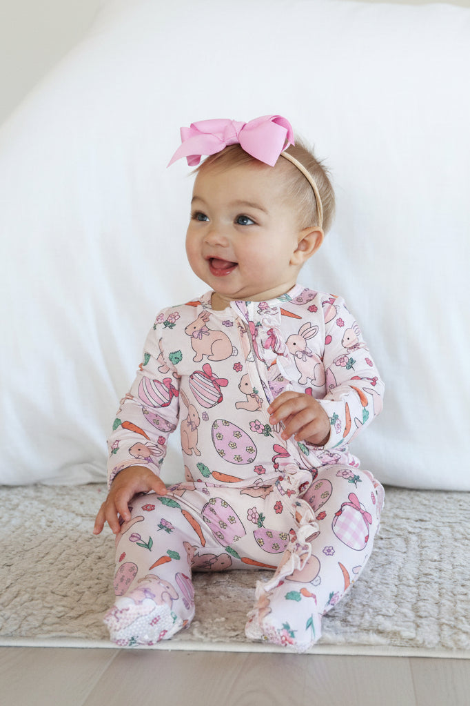 hoppy spring pink ruffle footie for girls 