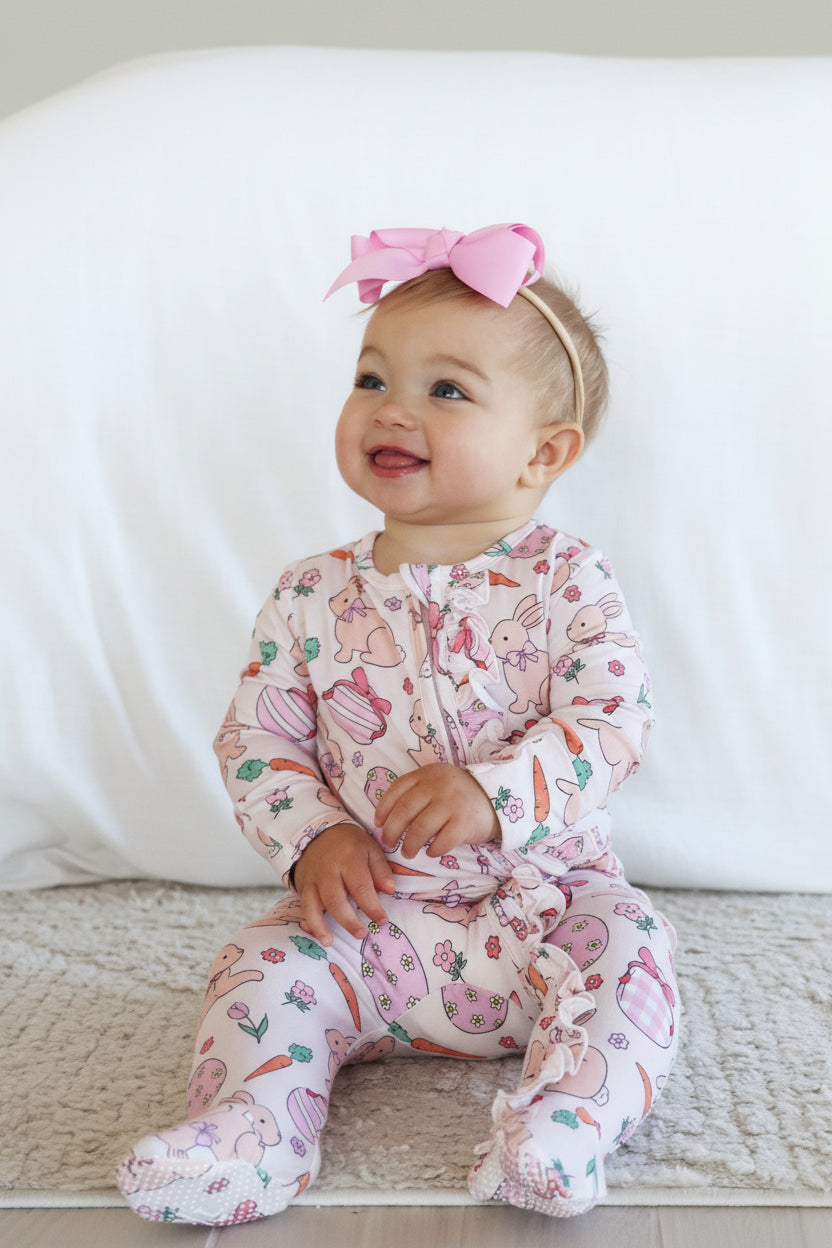 hoppy spring pink ruffle zipper footie pajama for newborn and baby girls 