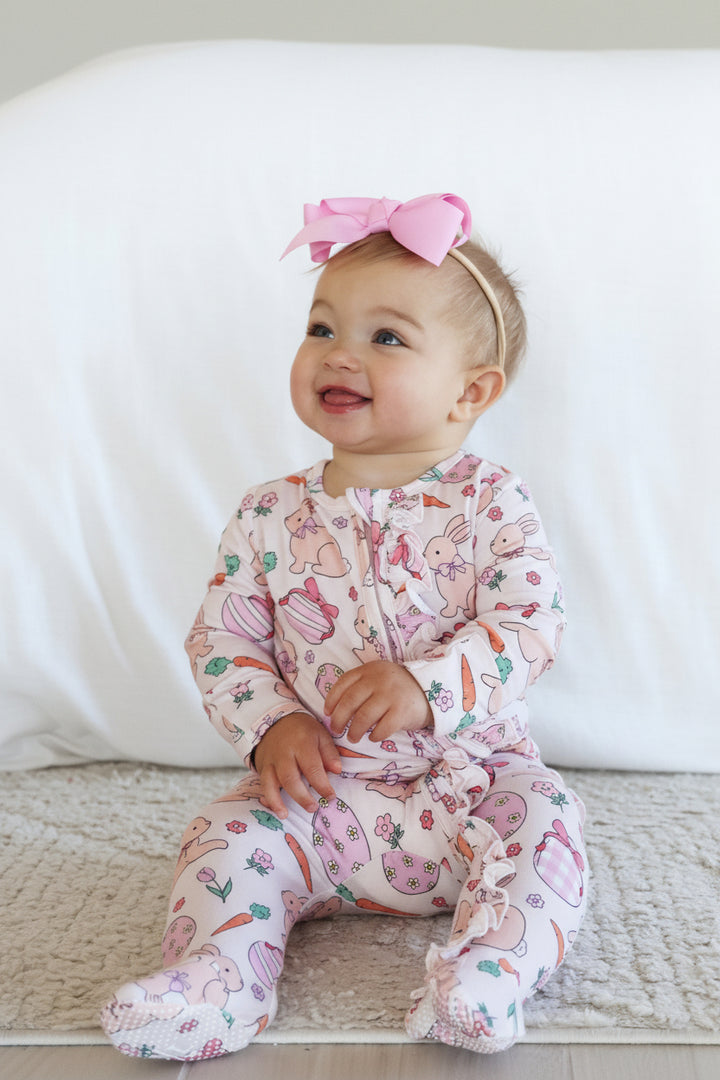 hoppy spring pink ruffle zipper footie pajama for newborn and baby girls 