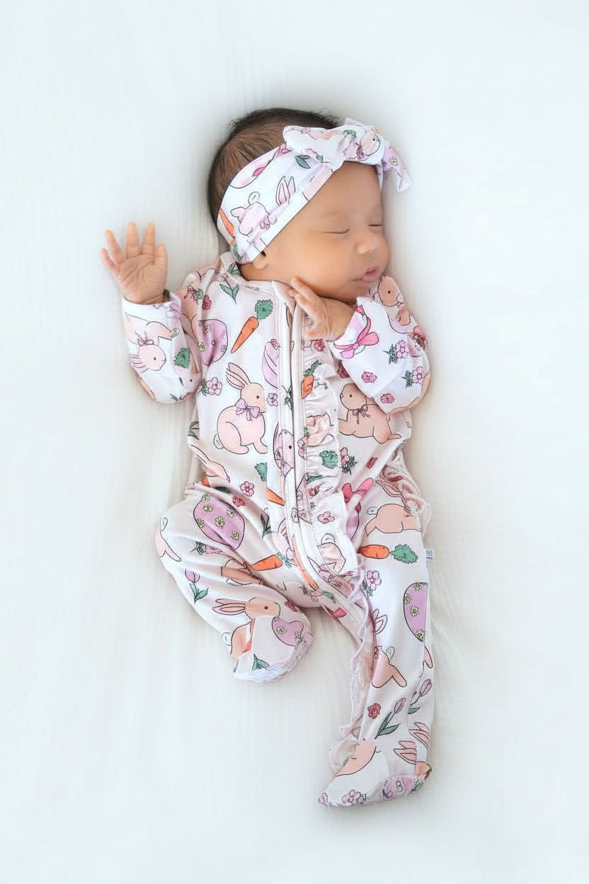 Hoppy Spring Ruffle Zipper Footie | Pink
