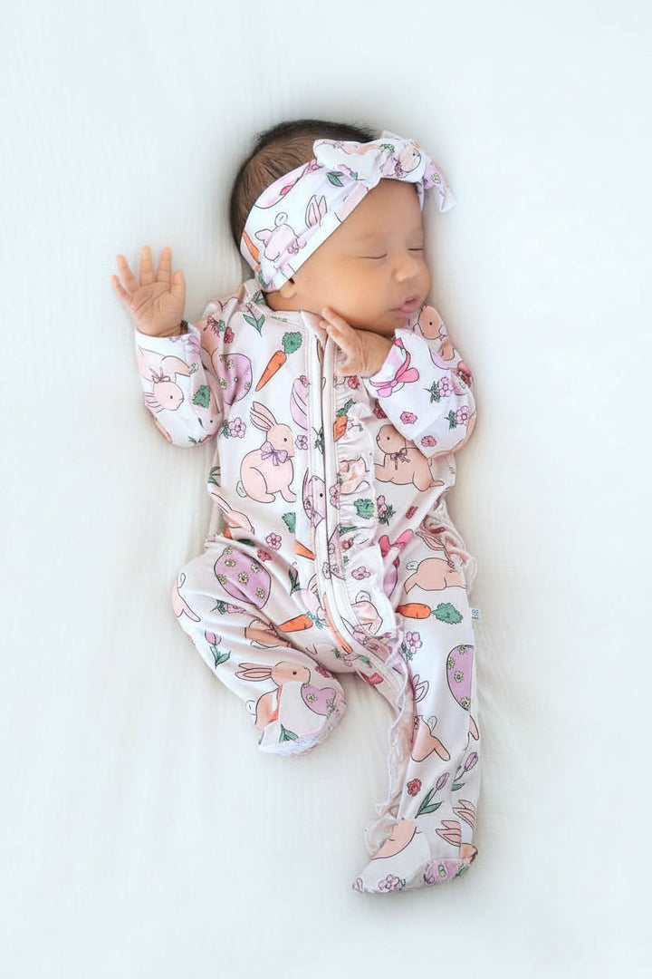Hoppy Spring Ruffle Zipper Footie | Pink
