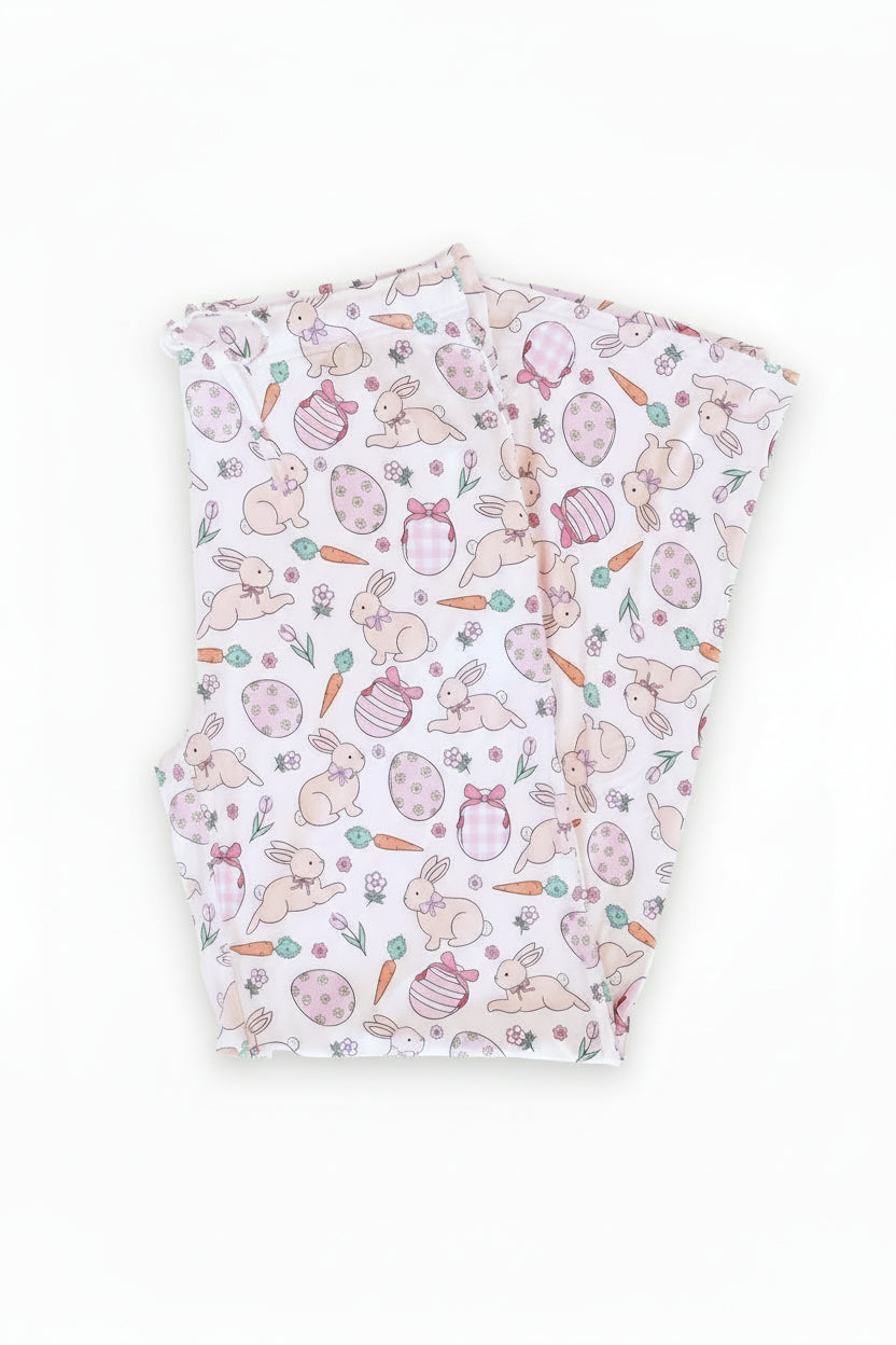 hoppy spring pink lounge pajama pants for adults with bunnies, easter eggs, carrots and flowers 