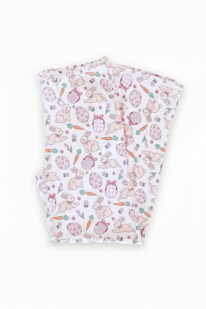 hoppy spring pink lounge pajama pants for adults with bunnies, easter eggs, carrots and flowers 
