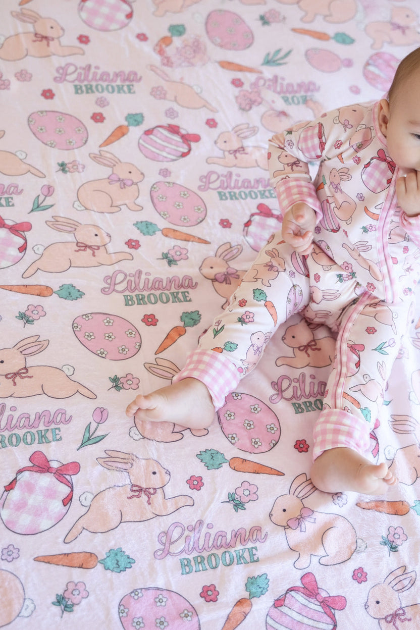 hoppy spring pink personalized blanket for girls 