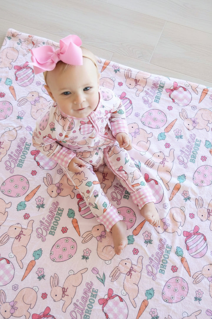 girly pink easter personalized blanket for girls with matching convertible zip romper pajama 