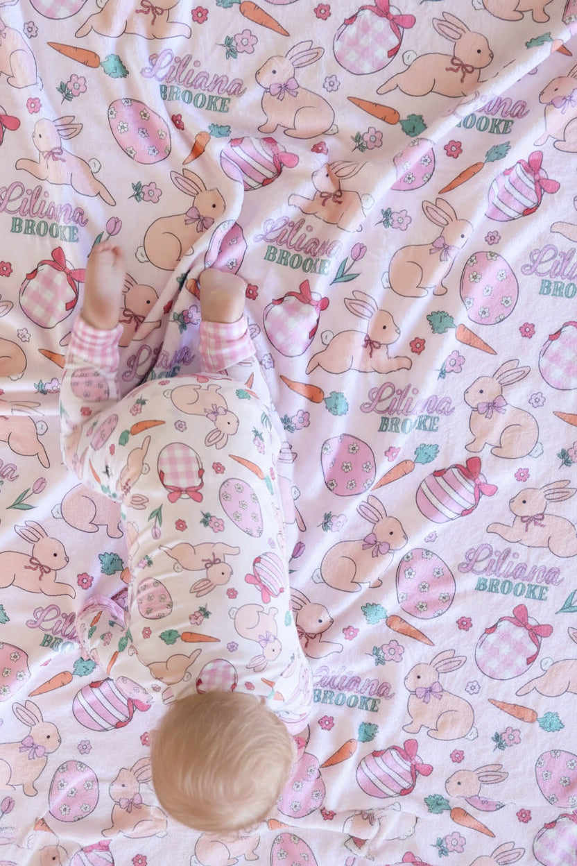 pink bunny, carrot and easter egg personalized blanket for girls 