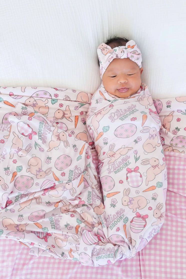 hoppy spring pink personalized swaddle blanket for girls 