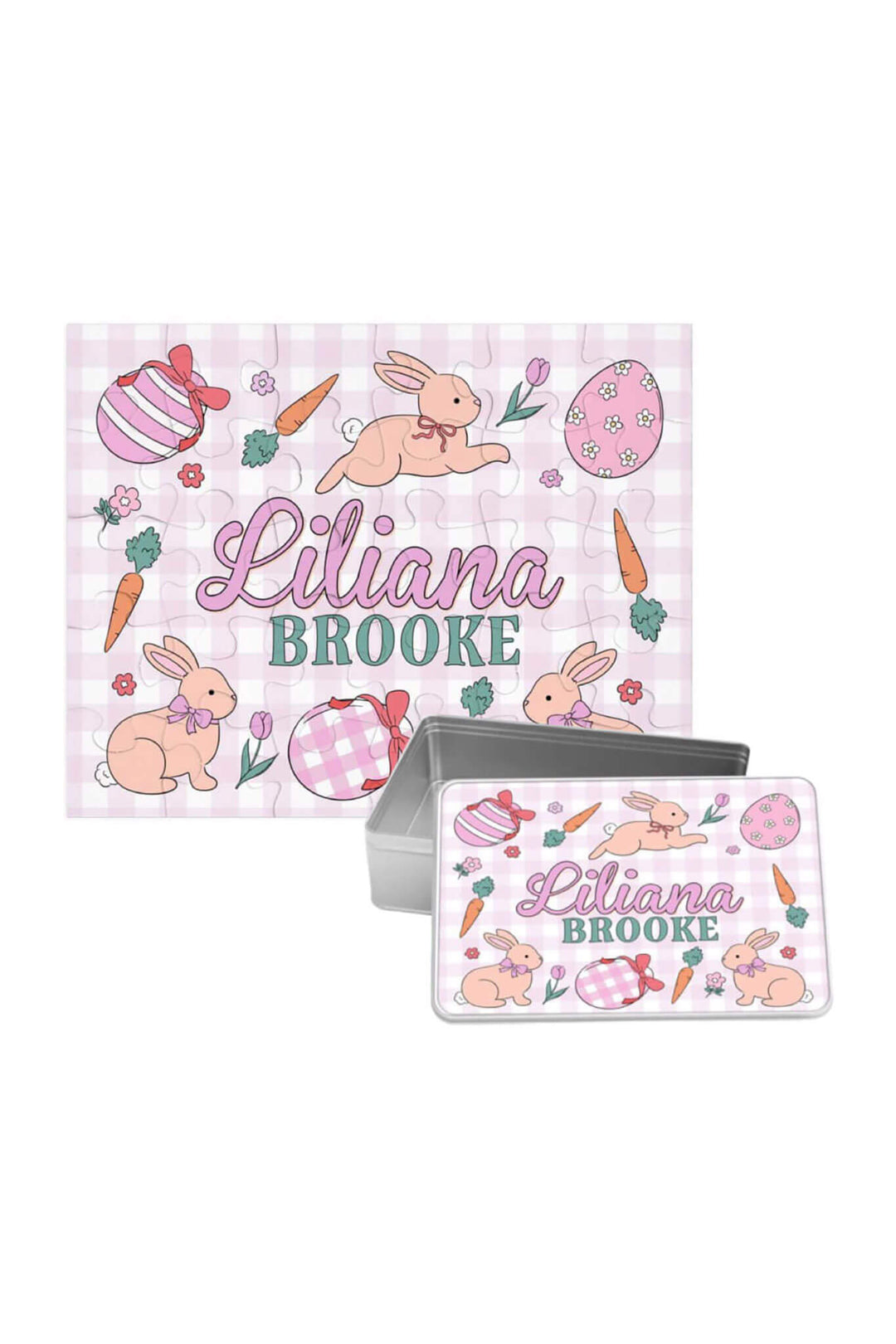 hoppy spring pink personalized easter puzzle with matching tin 