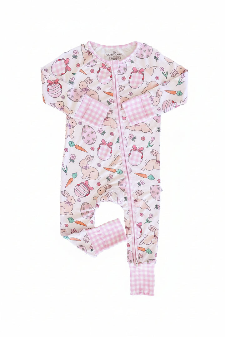 pastel pink easter pajama romper with gingham cuffs and trim 