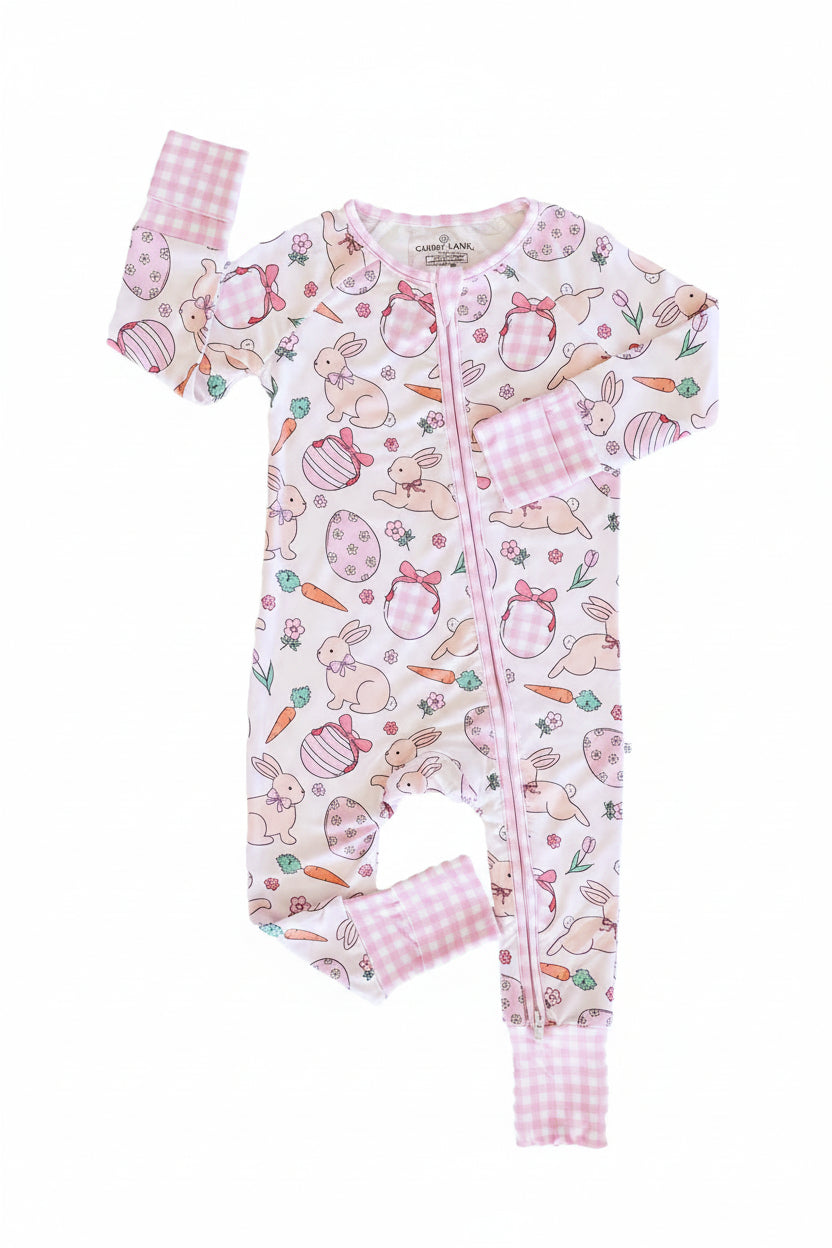 easter egg, bunny and carrot convertible zip romper pajama for girls 