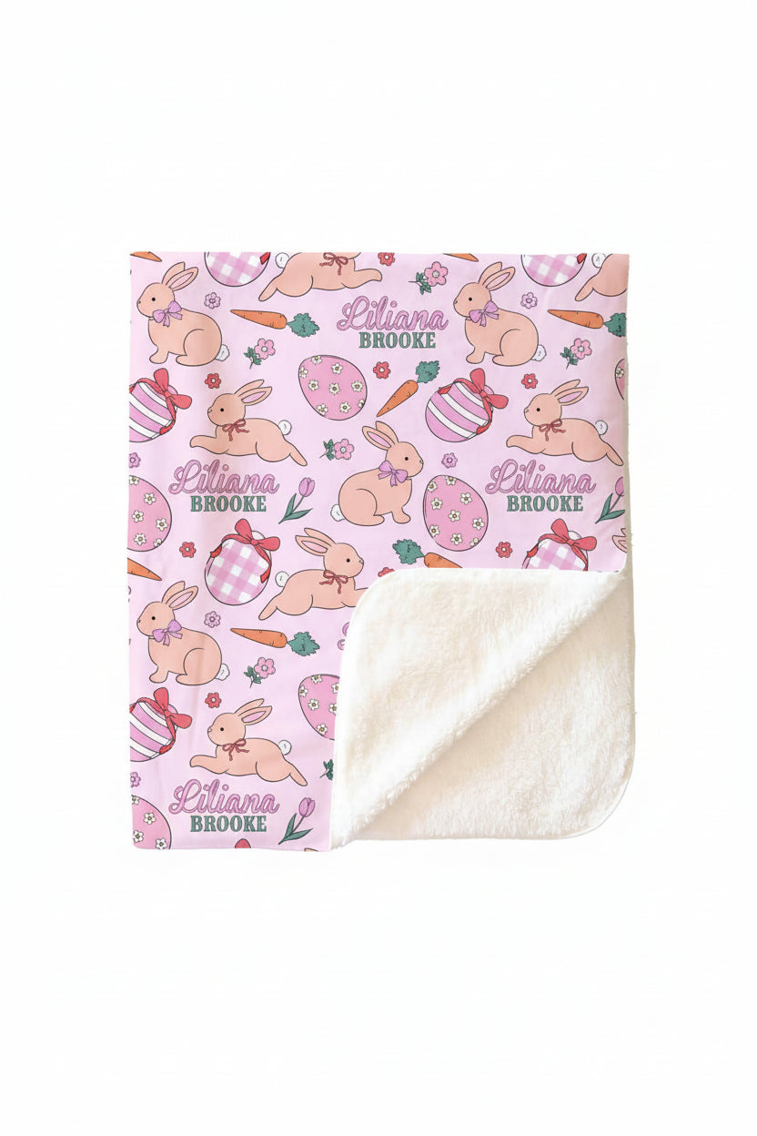 hoppy spring pink personalized sherpa blanket for girls 