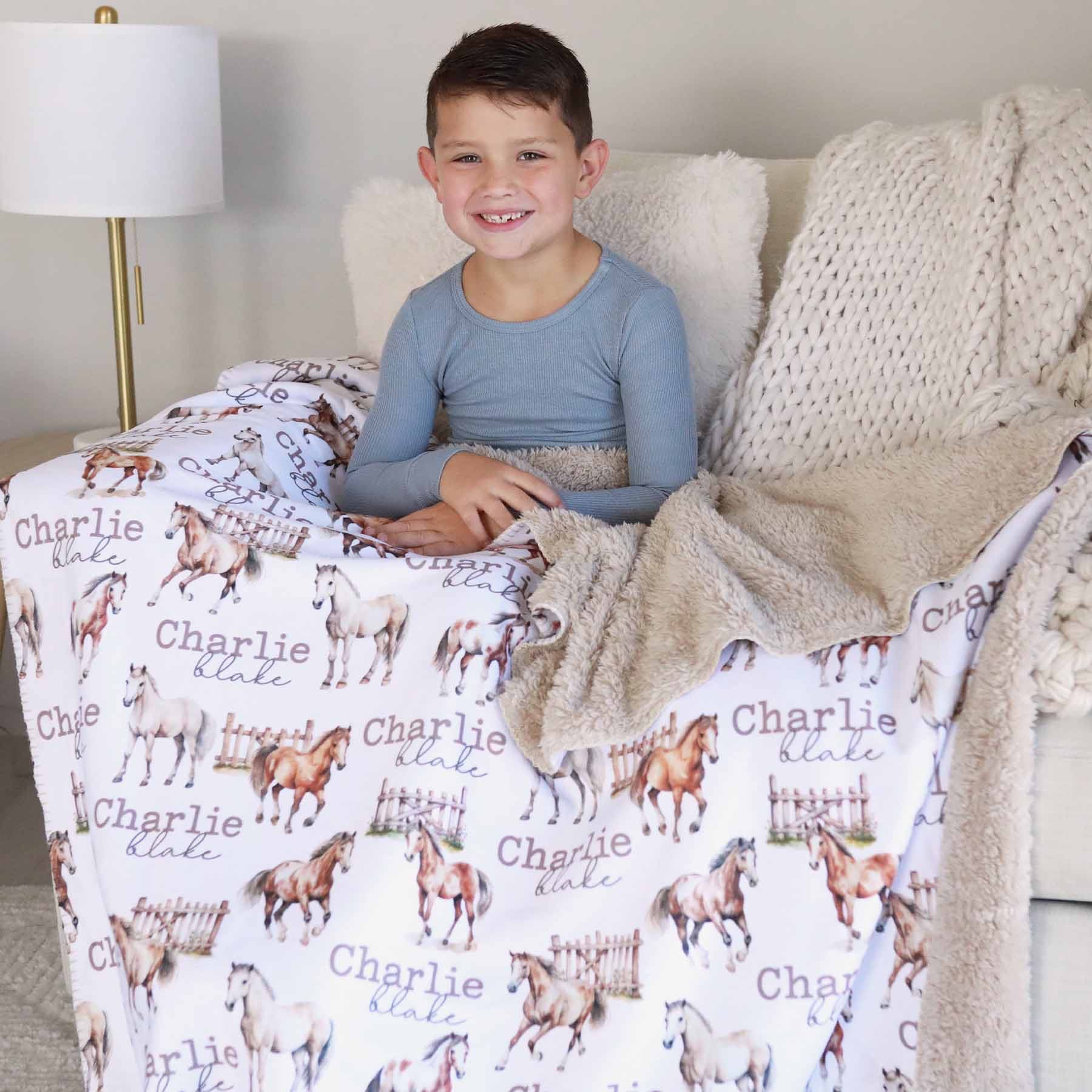 Personalized Fuzzy Kids Blanket in Horseback Riding | Caden Lane