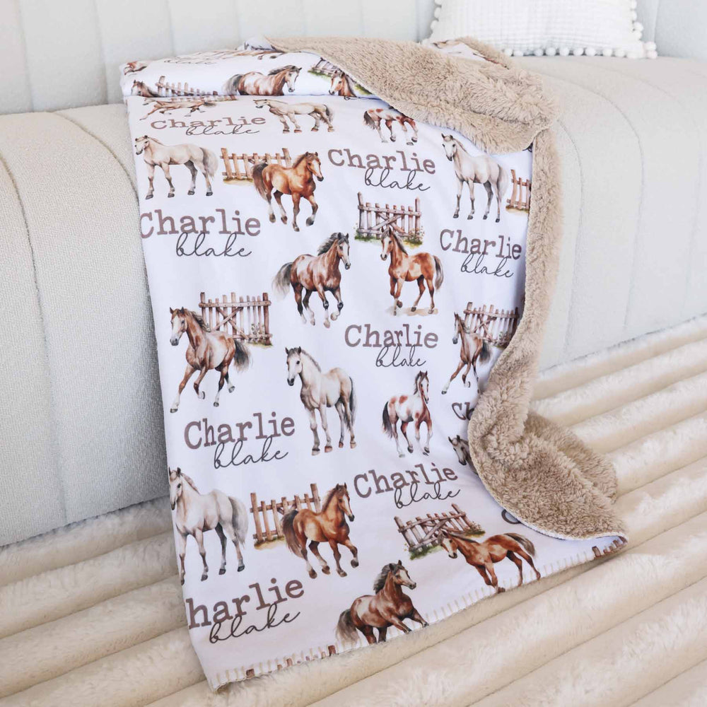 kids personalized fuzzy blanket with horses