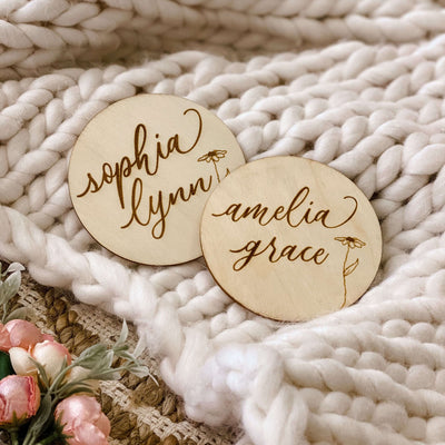 girl baby name wood announcement with flower