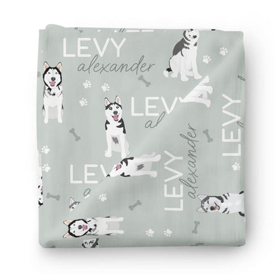 green personalized baby name swaddle blanket with huskies 