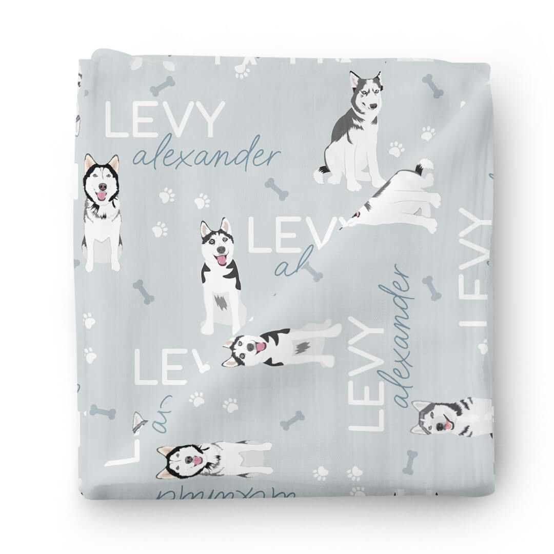 personalized baby name swaddle blanket with huskies blue 