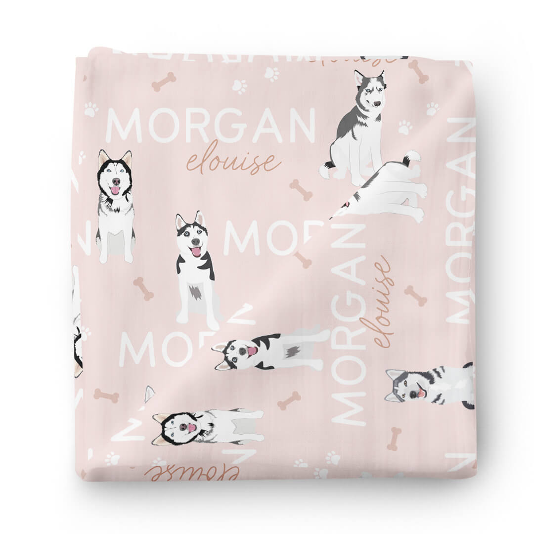pink baby name swaddle blanket for babies with huskies 
