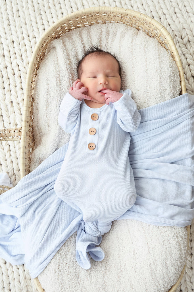 Ice Blue Bamboo Waffle Newborn Baby Knot Gown Hat Set Caden Lane