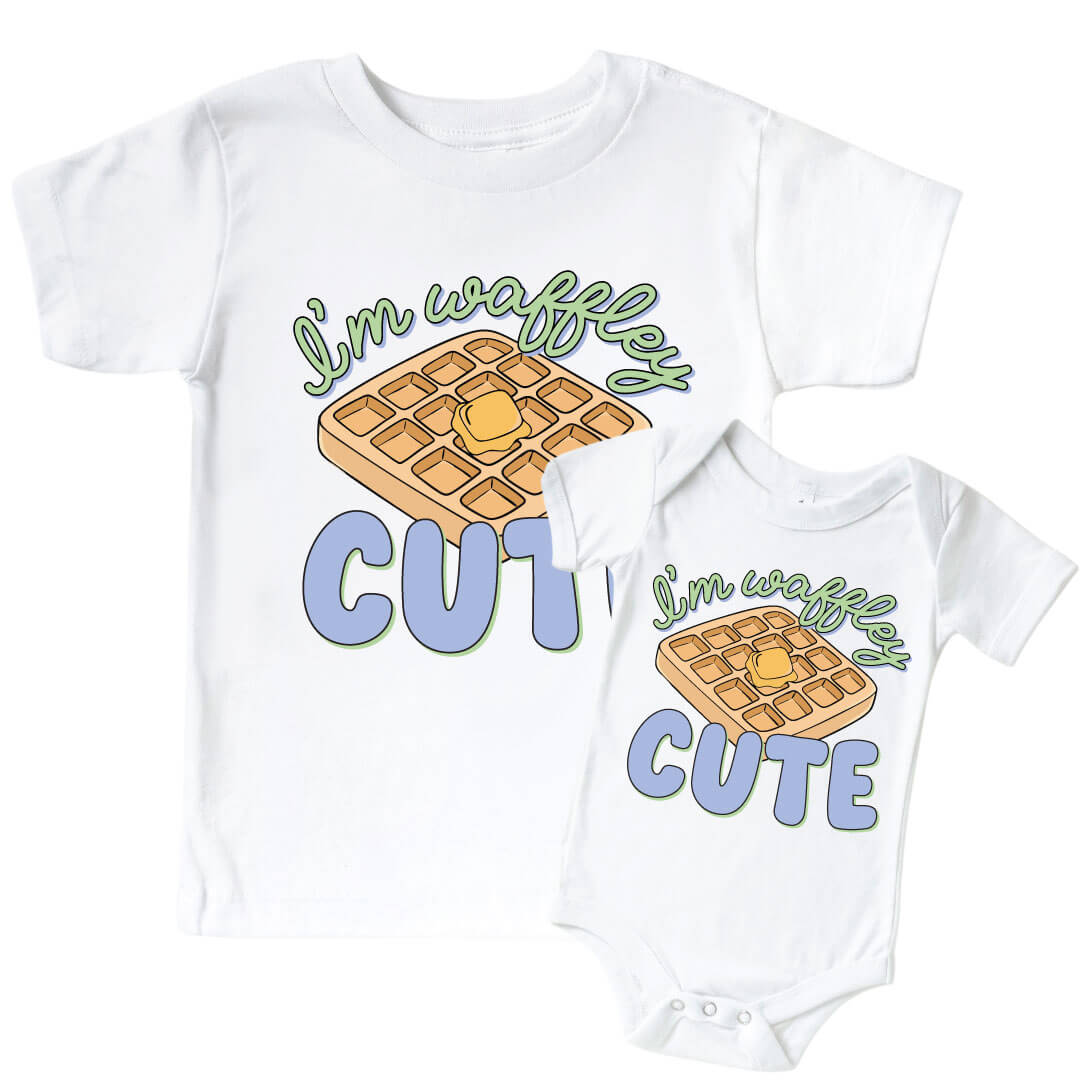 I'm Waffley Cute Blue Graphic Bodysuit & Kids Tee | White